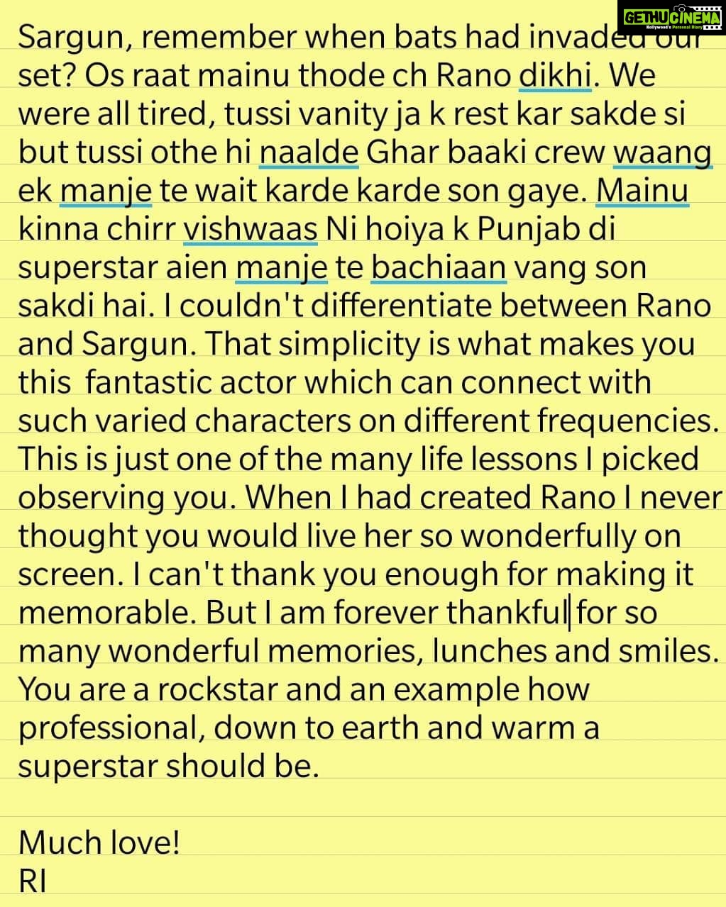 Sargun Mehta Instagram - A NOTE from MY WRITER OF #SURKHIBINDI #RUPINDERINDERJIT. He is not on social media so wanted me to share thisbwith everyone. As flattered as i am reading this note i also feel so emotional. These are memories and worda i shall cherish forever. Thank you #rupinderinderjit for rano. For #surkhibindi 🙏🙏🙏🙏🙏