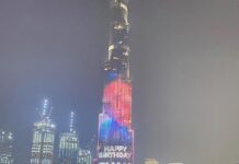 Shah Rukh Khan Instagram - It’s nice to see myself on the biggest and tallest screen in the world. My friend #MohamedAlabbar has me on the biggest screen even before my next film. Thanks & love u all @burjkhalifa & @emaardubai . Being my own guest in Dubai... my kids mighty impressed and me is loving it!