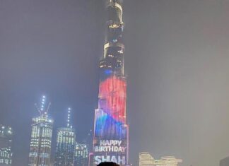 Shah Rukh Khan Instagram - It’s nice to see myself on the biggest and tallest screen in the world. My friend #MohamedAlabbar has me on the biggest screen even before my next film. Thanks & love u all @burjkhalifa & @emaardubai . Being my own guest in Dubai... my kids mighty impressed and me is loving it!