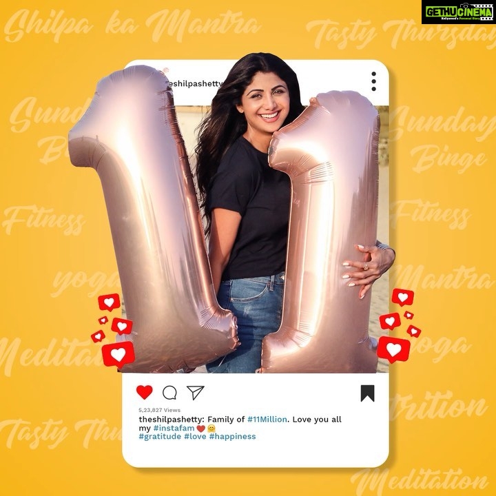 Shilpa Shetty Instagram - Time is 11:11, and we are a family of 11 millllliiioooonnnnnn instafam π€ππ₯³ 11:11 denotes the angels are watching over you and one should make a wish. My wish is we all grow healthier , happier and stronger together. πͺπ€π§Ώ Canβt contain myself. Love you all Thankyou for making me feel so special π With Gratitude SSK #swasthrahomastraho #stronger #gratitude #instafam #instahappy #11million #11millioncelebrations #celebrations #connected #love