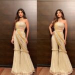 Shilpa Shetty Instagram – All dolled up for the years 1st Diwali party ..in this #unusual and beautiful custom made  ##gharara #sari.. Designed and styled by my friend
@manishmalhotra05 
Jewels: @anmoljewellers 
#beige #pastel #embroidery #ethnic #designer #festive #gratitude #bespoke