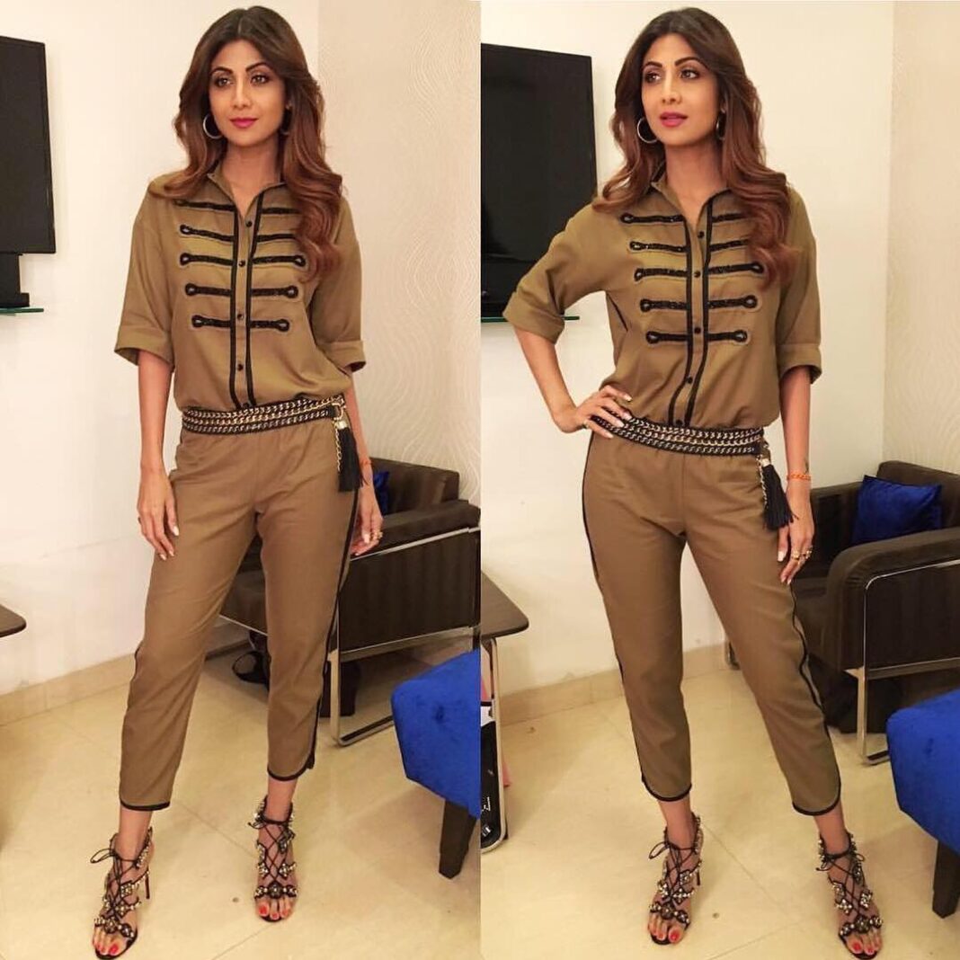 Shilpa Shetty Instagram - All dressed for #Lipsing battle in @agrimabatra military separates , @raraavisbysonalverma & @hm belts, @hm earrings & @louboutinworld heels for the taping of lip sing battle today! Styled by @sanjanabatra Assisted by @akanksha_kapur. Make up by @ajayshelarmakeupartist Hair by @themadurinakhale #tvshow #fun #laughs