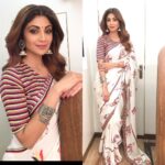 Shilpa Shetty Instagram - Dolled up to shoot for my all time fav show.. styled by @sanjanabatra wearing @swativijayvargie @aquamarine_jewellery earrings & @silverhouse.co.in cuff #tvshow #kbc #sonytv #sari #ethnicglam