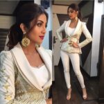 Shilpa Shetty Instagram – Look 2 for the day in @roseroomcouture,  @viangevintage earrings, @minerali_store ring and aldo_shoes for #superdancer #casualstyle #white #rockstarstyle