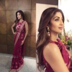 Shilpa Shetty Instagram – My 2nd look of the day..today it’s @anitadongre all the way , Sari with a twist paired with @anmoljewellers  earrings and cuff . #norestforthewicked #fashiondiaries