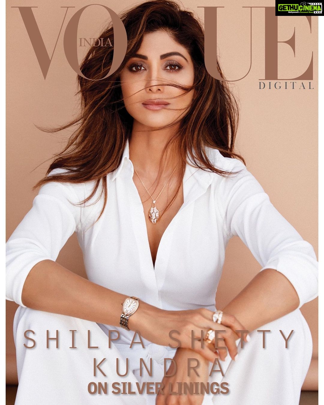 Shilpa Shetty Instagram - I never see the clouds... I only see the silver lining!!!! ~ #VogueCoverGirl 💁🏻✨❤️ #VogueIndia . . . . . Magazine: (@vogueindia) Photographed by: Taras Taraporvala (@taras84) Styled by: Mohit Rai (@mohitrai) Shirt dress: Rajesh Pratap Singh (@rajeshpratapsinghworks) Accessories: ‘Serpenti Seduttori' watch, 'Serpenti' necklace, & 'Serpenti' Viper rings by BVLGARI (@bulgari) Hair: Amit Thakur (@amitthakur_hair) Makeup: Ajay Shelar (@ajayshelarmakepartist) Managed by: Tribe Entertainment (@bethetribe) PR: Raindrop Media (@media.raindrop)