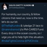 Shilpa Shetty Instagram - There is no better exercise for the heart than to reach out and lift the helpless. Swipe ⬅️ for all the information to donate to @narendramodi Ji’s PM-CARES Fund. ~ They say, nothing is excess or less when your actions are intended for a better tomorrow... give what you can to do your bit. @rajkundra9 . . . . #IndiaFightsCorona #StayHomeStaySafe #COVID19