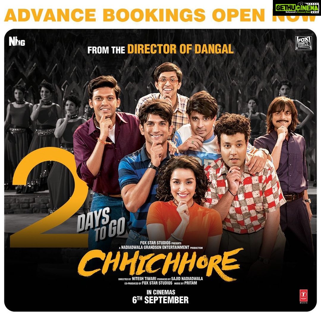 Shraddha Kapoor Instagram - Just 2 days to go for the release! #CHHICHHORE To book tickets, go on my story and swipe up! #ChhichhoreOn6thSeptember ❤️