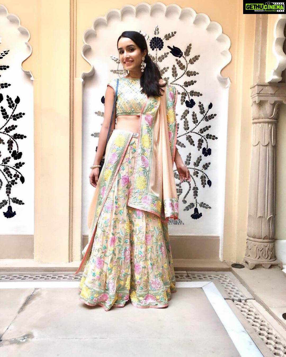 Shraddha Kapoor Instagram - My best friends wedding 🎉 Wearing 1 of my favourites @abujanisandeepkhosla Thank you for dressing me up in this gorgeous lehenga & my amazing girl for styling me @tanghavri 💜