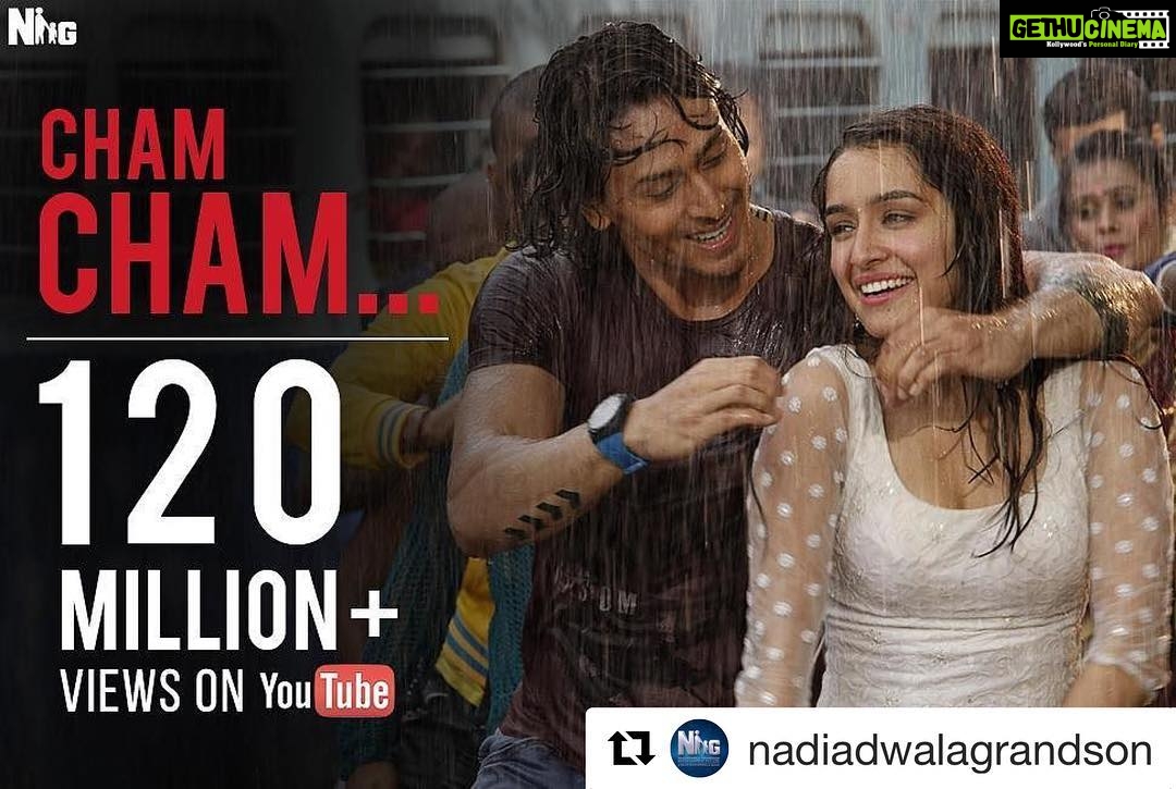 Shraddha Kapoor Instagram - ☺️☺️☺️☔️❤️ #Repost @nadiadwalagrandson (@get_repost) ・・・ Sway to the rhythm of the rains as #ChamCham crosses 120 Million + views on YouTube! #Baaghi @tigerjackieshroff #Ronny @shraddhakapoor #Sia @wardakhannadiadwala @tseries.official #bollywood #monsoons #bollywoodsongs #Throwback #milestone #rainsong #monsoonplaylist
