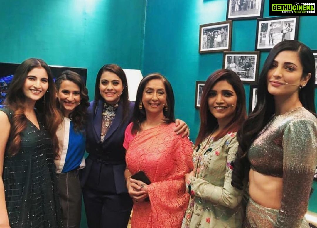 Shruti Haasan Instagram - The experience of being a part of #Devi has been so memorable and enriching.i believe the bond between women is powerful and necessary and thought I’d write a small note about these lovely women.missing @nehadhupia in this picture but absolutely love her progressive energy and attitude to things !! @raghuvanshishivani is such a sweet and poised person , saw you for the first time on a web series and absolutely adored your work! @yashaswinidayama the big talent in the cutest package you’ll always be my hakunamatata !! @kajol you’ve been an inspiration beyond words and your fun energy and down to earth nature is ❤️ @neenakulkarni I have so much love and respect for your attitude to life and people you are so inspiring and such a warm soul @muktabarve such a delight to get to know and such a talent !!! Our director @priyankabans for the lovely premise and script !! It’s been such a fun journey ❤️ Thankyou @electricapplese for the way you love and respect women and making this happen !! Really proud to be a part of this ❤️ watch #Devi on March 2nd on @largeshortfilms