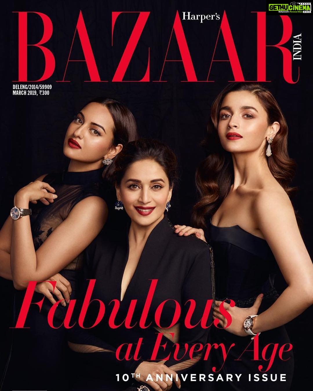 Sonakshi Sinha Instagram - What better way to celebrate Womens day AND @bazaarindia’s 10th anniversary than with these beautiful ladies @madhuridixitnene and @aliaabhatt... the #womenofkalank! Editor: @nonitakalra Creative director: @yurriepem Fashion director: @edwardlalrempuia Photographer: @prasadnaaik