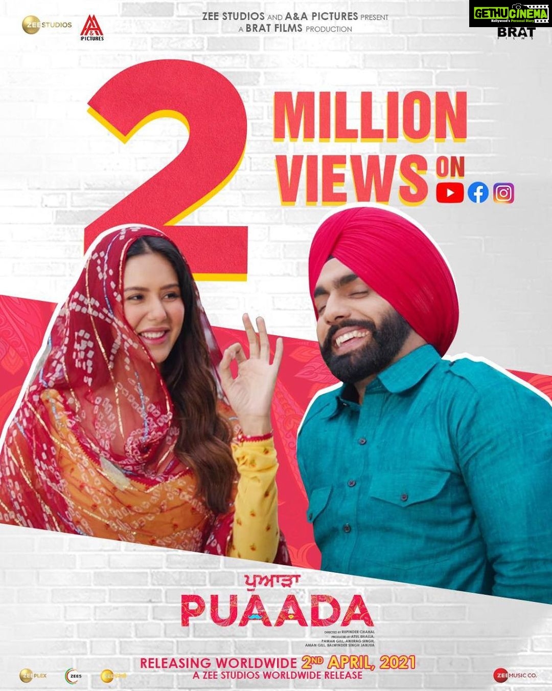 Sonam Bajwa Instagram - Pe Geya Puaada fer!! Thanks for all the love for the Puaada trailer, 2M+ views in 12 hours!!! #PuaadaTrailer out now. Film releasing in cinemas 2nd April 2021!! @ammyvirk @sonambajwa @aandapicturesofficial @bratfilmsofficial @zeestudiosofficial @zeemusiccompany #RupinderChahal @atulbhalla78 @thepawangill @anurag_singh_films @amanthegill @balwindersinghjanjua