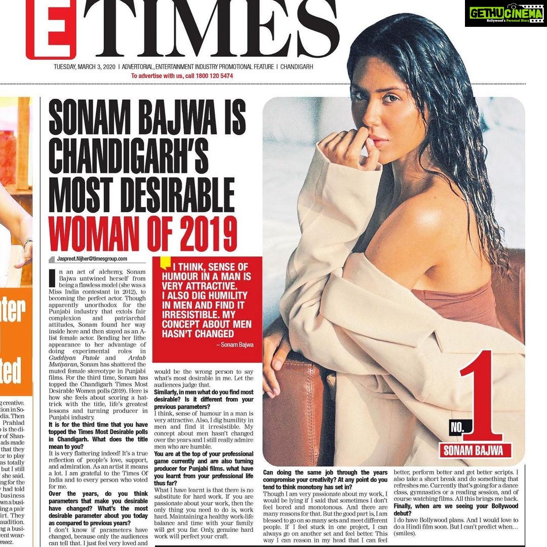 Sonam Bajwa Instagram - Most Desirable??? 3rd time 👀☺️☺️Mere toh zyada kuch keh nahi hona .... Rabb vi kya kamaal karda te tussi saare vi att karone oo. Dolon shukriya ainna pyaar den layi ❤️. I love you all. Thank you for voting 💋