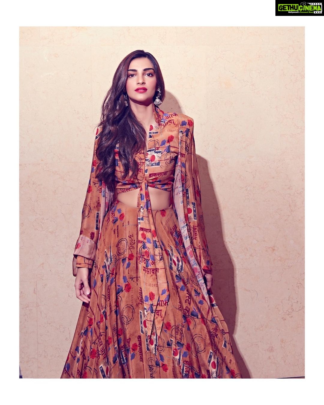 Sonam Kapoor Instagram - In The Lost Letters Printed Lehenga from the Masaba x Rhea Collection! #TheChroniclesOfFemininity @rheakapoor @masabagupta Earrings - @amrapalijewels Hair - @bbhiral Makeup - By me! 💁🏽♀️ 📸- @thehouseofpixels