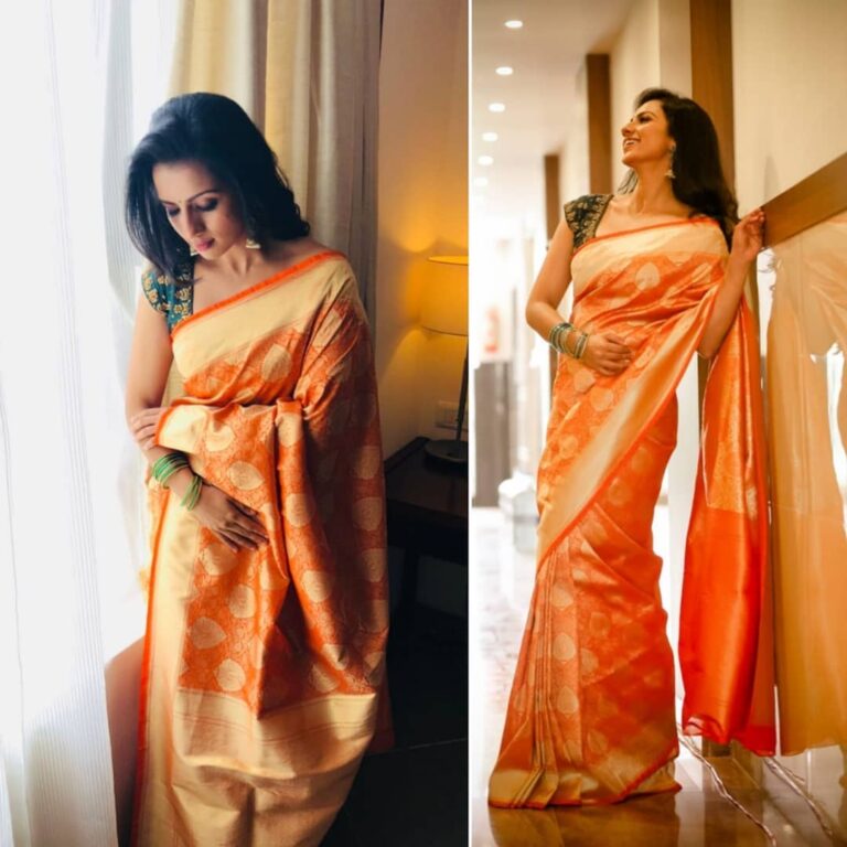 Sruthi Hariharan Instagram - Love everything about the sarees from @pritisahnidesigns Thank you guys for this beautiful orange silk -something about the colour stood out at the inauguration of @thejewelleryshow in Shivamogga - how I loved wearing it 😍 Styled by the one and only @bapatshweta Make up by @shivugowda2011 Hair by @kammarishivarajchary Assisted by @ekiran00007 #latepost📷 #sareelove #elegance #orangeisthenewblack🍊