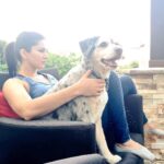 Sunny Leone Instagram – Lilu thinks she’s a lap dog and squeezed herself next to me in our backyard… Lol silly girl!