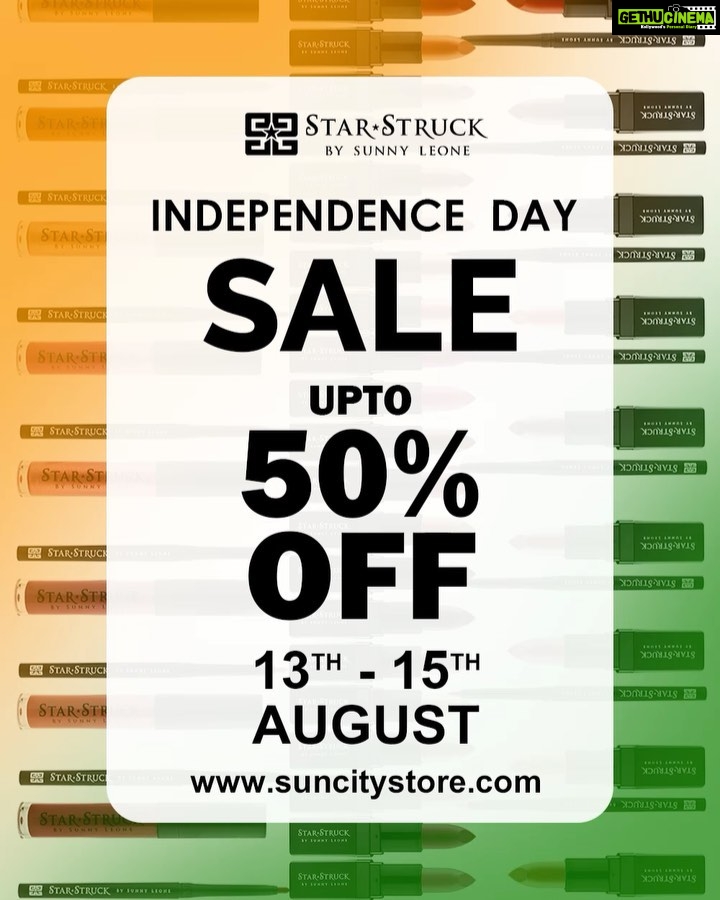 Sunny Leone Instagram - Celebrating 🇮🇳 Independence Day 🇮🇳 with an amazing sale of upto 50% OFF on all @starstruckbysl products!! . 🇮🇳 Visit our website www.suncitystore.com to shop now! . . . . . . . . . . . . . #SunnyLeone #MadeInIndia 🇮🇳 #cosmetics #crueltyfreemakeup #fashion #facepowder #lipstick #Eyemakeup #independenceday2020 #sale2020