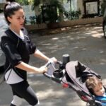 Sunny Leone Instagram – Weighted workout shirt 10kgs of extra weight while I’m running and pushing a stroller. Lol lockdown life!