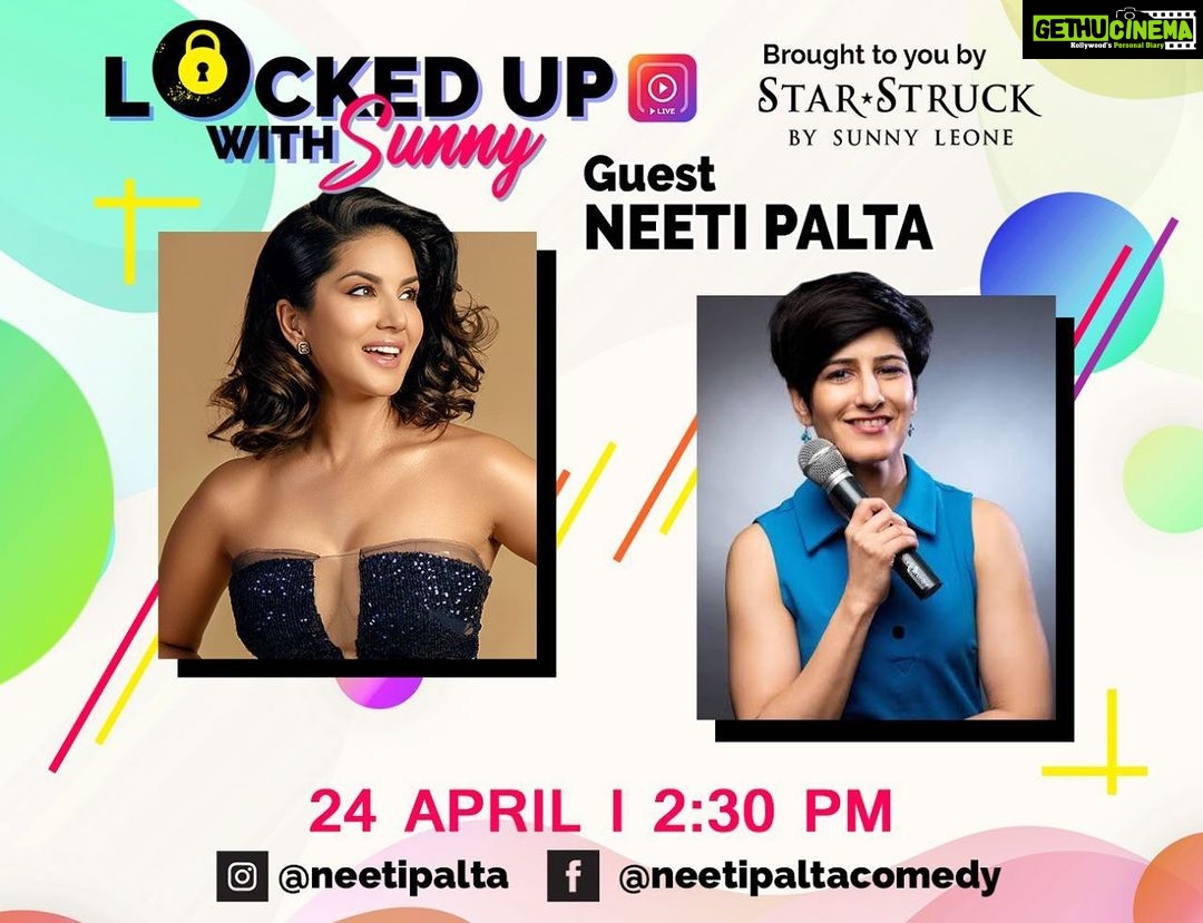 Sunny Leone Instagram - A bit of Laughter goes a long way in times like these and to make you smile and laugh more..I have the very funny and very hilarious @neetipalta joining me as the next guest on @lockedupwithsunny today at 2.30pm IST! . . Bringing you a little smile while #LockedUp 😷 #LockedUpWithSunny brought to you by @starstruckbysl Sunny Leone