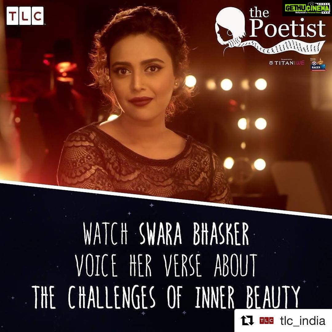 Swara Bhaskar Instagram - Happy to kickstart this great initiative #ThePoetist by @tlcindia written by @vidushi95 ❤️❤️❤️Repost @tlc_india (@get_repost) ・・・ We are so often burdened by society's idea of beauty that we forget to look within and revel in our inner beauty. Watch the iconic @reallyswara slam the stereotype and shed light on the importance of inner beauty through a verse. Click on the link in bio to watch the full video. #ThePoetist #slampoetry #swarabhasker #society #beauty #innerbeauty #women #speakup #stereotype #girl #empower #poetry @titanwatchesindia @hpcl74 Repost @tlc_india (@get_repost) ・・・ We are so often burdened by society's idea of beauty that we forget to look within and revel in our inner beauty. Watch the iconic @reallyswara slam the stereotype and shed light on the importance of inner beauty through a verse. Click on the link in bio to watch the full video. #ThePoetist #slampoetry #swarabhasker #society #beauty #innerbeauty #women #speakup #stereotype #girl #empower #poetry @titanwatchesindia @hpcl74