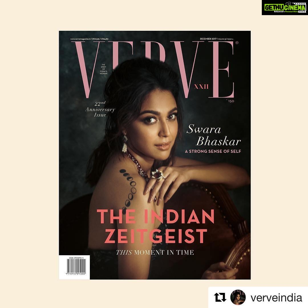 Swara Bhaskar Instagram - #Repost @verveindia (@get_repost) ・・・ Introducing our #DecemberIssue! With our lens on #India (as it has been for the last 22 years), we focus on what’s dominating many a conversation at the moment. From #sustainability to #politics, the search for identity in a #digital world, and how #Millenials are dealing, this #AnniversaryIssue is all about NOW. ______ Styling: @divyakdsouza Make-up: @saracapela Hair: @hot.hair.balloon Photograph: Tarun Vishwa ______ #VerveIndia #NewIssue #SwaraBhaskar #Zeitgeist #anniversary