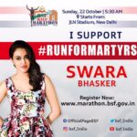 Swara Bhaskar Instagram – Dilliwaalon!!!! Let’s show our soldiers some heart! ❤️ Register now #RunForMartyrs #BSFHalfMarathon2017 @BSF_India See u there!! 22nd October 2017 💃🏽💃🏽💃🏽