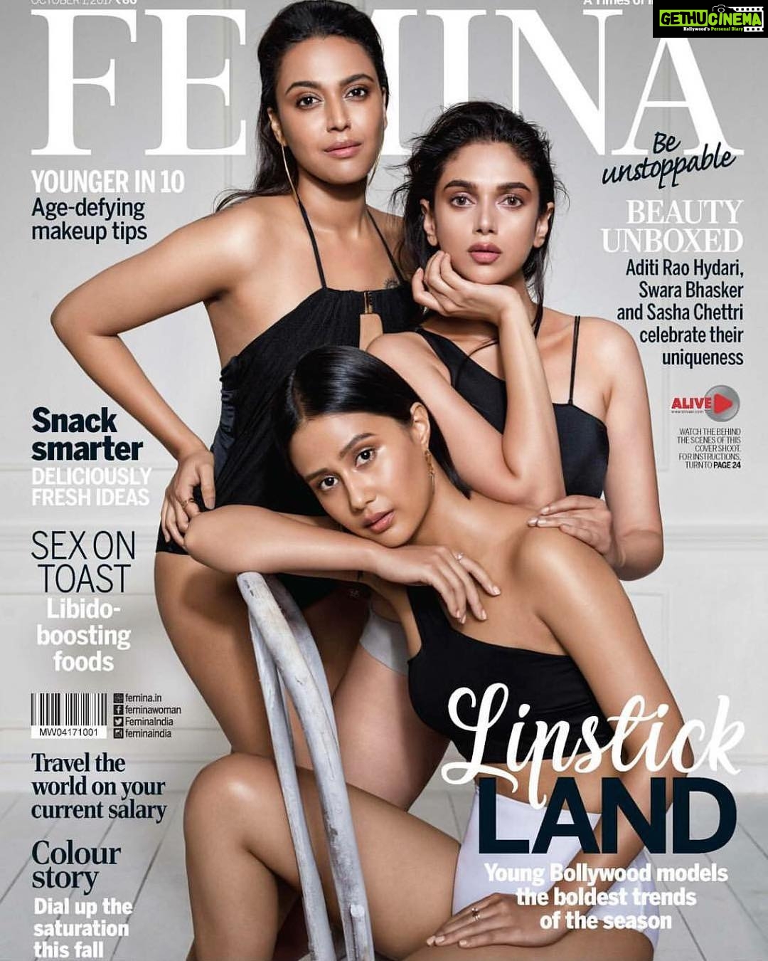 Swara Bhaskar Instagram - Being a #covergirl !!! Thank uuuuuu @feminaindia for having me on your AMAZZZZING #beautybumperissue .. thank u also @sandipandalal @TanyaChaitanya @raindropalterego ❤️❤️❤️ Thank u #AbhaySingh for ur patience :) This is a journey from being a reader of the mag to being on the cover of the mag! Also basking in the glow and beauty of these lovelies @aditiraohydari @ricksharani ❤️🙌🏾🙌🏾🙌🏾 #coverpage #posing #ontheglossypages #ilovephotoshop 🤣