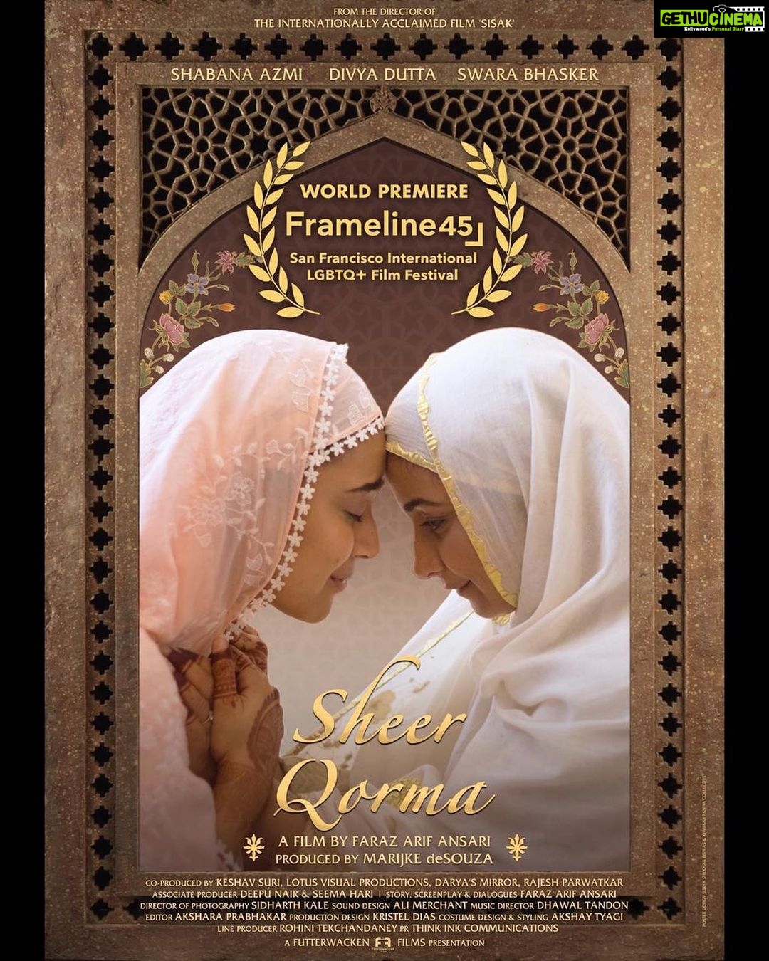 Swara Bhaskar Instagram - Finallyyyy!! It is time β¨ @sheerqorma.thefilm will have its grand World Premiere at the prestigious BAFTA Qualifying @framelinefest β the longest running, largest and most widely recognised queer film exhibition event in the world! π³οΈβπ We couldnβt have asked for a better opportunity for our film! :) Elated, honoured & grateful β¨ A film by @farazarifansari Produced by @marijkedesouza Starring @azmishabana18 @divyadutta25 @kalyanee_mulay @priyasometimes @jitin0804 and MOI π€π #LoveisNotASin #LoveisLove #LoveWins #SheerQorma #MohabbatGunaahNahinHai #Frameline45 #AllKindsOfQueer π³οΈβπβ₯οΈπβ¨