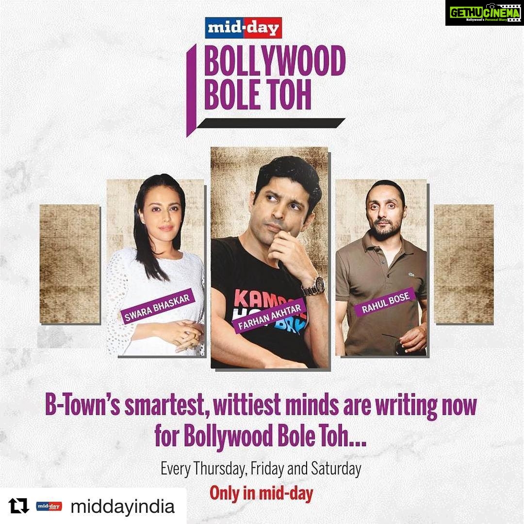 Swara Bhaskar Instagram - Oh yeah! Read me in the #MidDay tomorrow onwards #Repost @middayindia (@get_repost) ・・・ Presenting #BollywoodBoleToh, a special column every Thursday, Friday and Saturday by none other than #Bollywood's smartest and wittiest minds: Farhan Akhtar, #SwaraBhaskar and #RahulBose! So, make sure you grab your MiD DAY copy tomorrow and read what #RahulBose has to say!