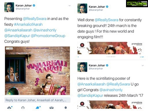 Swara Bhaskar Instagram - Got to say SO many thanks, big love and much gratitude to the #inimitable @karanjohar for agreeing to unveil #AnaarkaliOfAarah poster.. Karan is not just someone who has changed the contours of hindi cinema and redefined whats called Bollywood but at a personal level Karan is a generous and encouraging person, and has become someone i look upto in admiration.. The simplicity and alacrity with which Karan agreed to help us was actually humbling. Thank you Karan.. i much appreciate this! ❤️