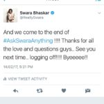 Swara Bhaskar Instagram – Done peeps! Thanks for all the love and questions!! ❤❤🙌🏾