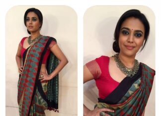 Swara Bhaskar Instagram - One more! यूं ही !! Saree @reshabymedhavini, Jewelry @amrapalijewels styled @rupacj for #rangoli #Doordarshan