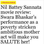 Swara Bhaskar Instagram - Loving the title of this review! :) thank youuuuuu #BollywoodLife 🙏🙏🙏🙏 humbled ! #criticspeak #NilBatteySannata #newrelease 22nd April