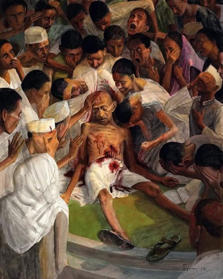 Swara Bhaskar Instagram - Walk in his footsteps, not those of his killers! #martyrsday #india #mahatmagandhi ‘Death of Gandhi' An incredibly powerful painting by Tom Vattakuzhy