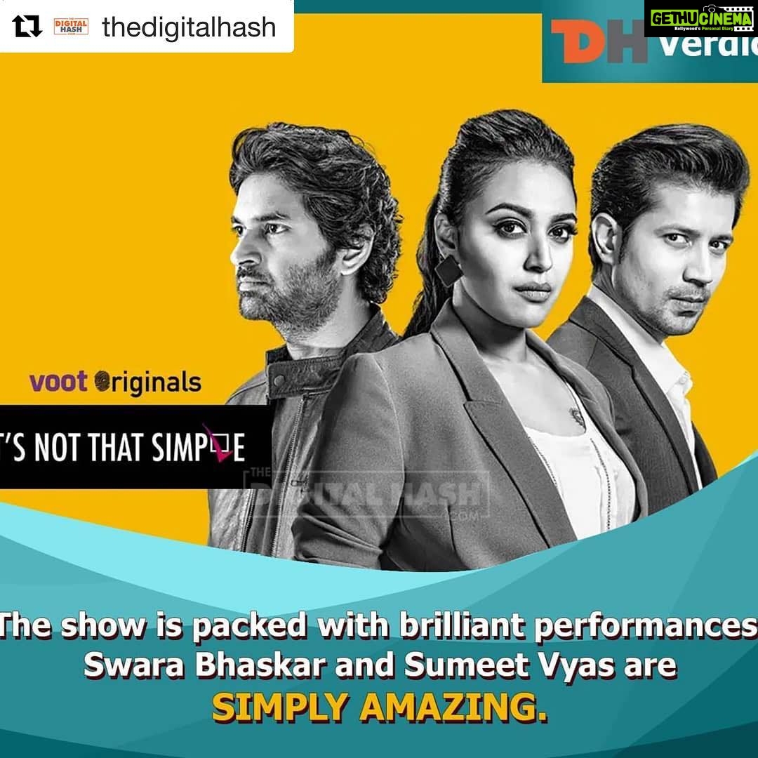 Swara Bhaskar Instagram - Yayyyyyyyeeeeee!!!! #Repost @thedigitalhash with @get_repost ・・・ TDH Verdict The makers haven't shied away from depicting that a woman🙎has the right to choose the man she wants in her life, even if that means making mistakes along the way. . . @voot @reallyswara @sumeetvyas @purab_kohli @karanveermehra #review #series #webseries #itsnotthatsimple #webseries2018