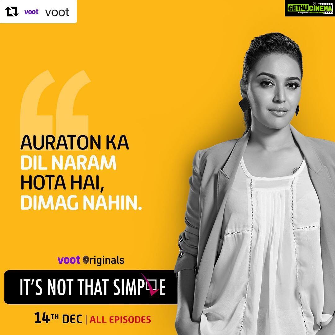 Swara Bhaskar Instagram - #Repost @voot with @get_repost ・・・ What happens when a woman is tested and pushed to her limits? Find out on #ItsNotThatSimple, a Voot Original, all episodes streaming on 14th December, exclusively on #Voot! #VootOriginals. #DoesTheSexMatter . . . #SwaraBhaskar #DanishAslam #Relationships #HealthyRelationships #ToxicRelationships #RelationshipsBeLike #RelationshipStuff #Gender #GenderEquality #GenderRoles #Goals #Business @voot @dontpanic79