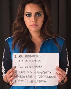 Swara Bhaskar Instagram - I am Hindustan. I am Ashamed. #JusticeForOurChild #JusticeForAasifa 
8 years old. Gangraped. Murdered.
In ‘Devi’-sthaan temple. #Kathua and lest we forget #unnao Shame on us! #BreakTheSilence #EndTheComplicity #ActNow