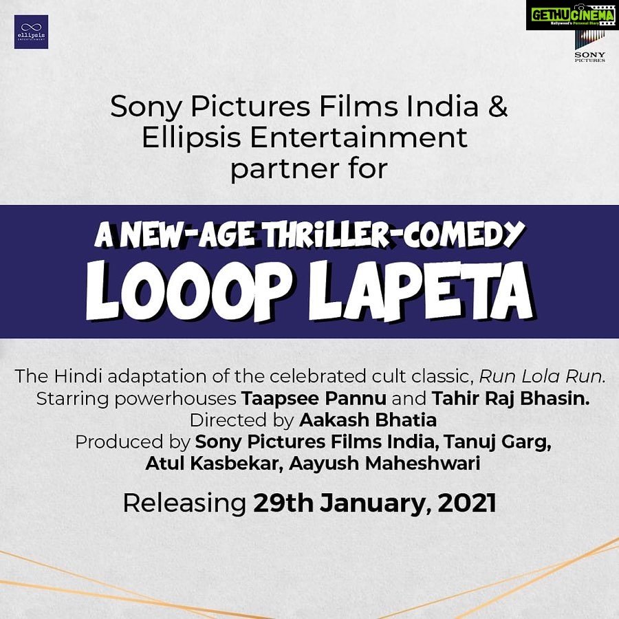 Taapsee Pannu Instagram - Right, so here's yet another announcement from my stable. I'm on a roll. Or shall I say in a loop? Stoked to announce Sony Picture India and Ellipsis Entertainment's crazy thriller-comedy, "LOOOP LAPETA", an adaptation of the cult classic "Run Lola Run." Looking forward to the roller-coaster with my director Aakash Bhatia, my co-star, Tahir Raj Bhasin and the amazing folks at Ellipsis Entertainment (Tanuj, Atul) and Sony! Mark your calendar for 29th Jan, 2021! @tahirrajbhasin @sonypicturesin @ellipsisentertainment @bhatiaaakash @tanuj.garg @atulkasbekar @vivekkrishnani @Aayush_Blm #loooplapeta