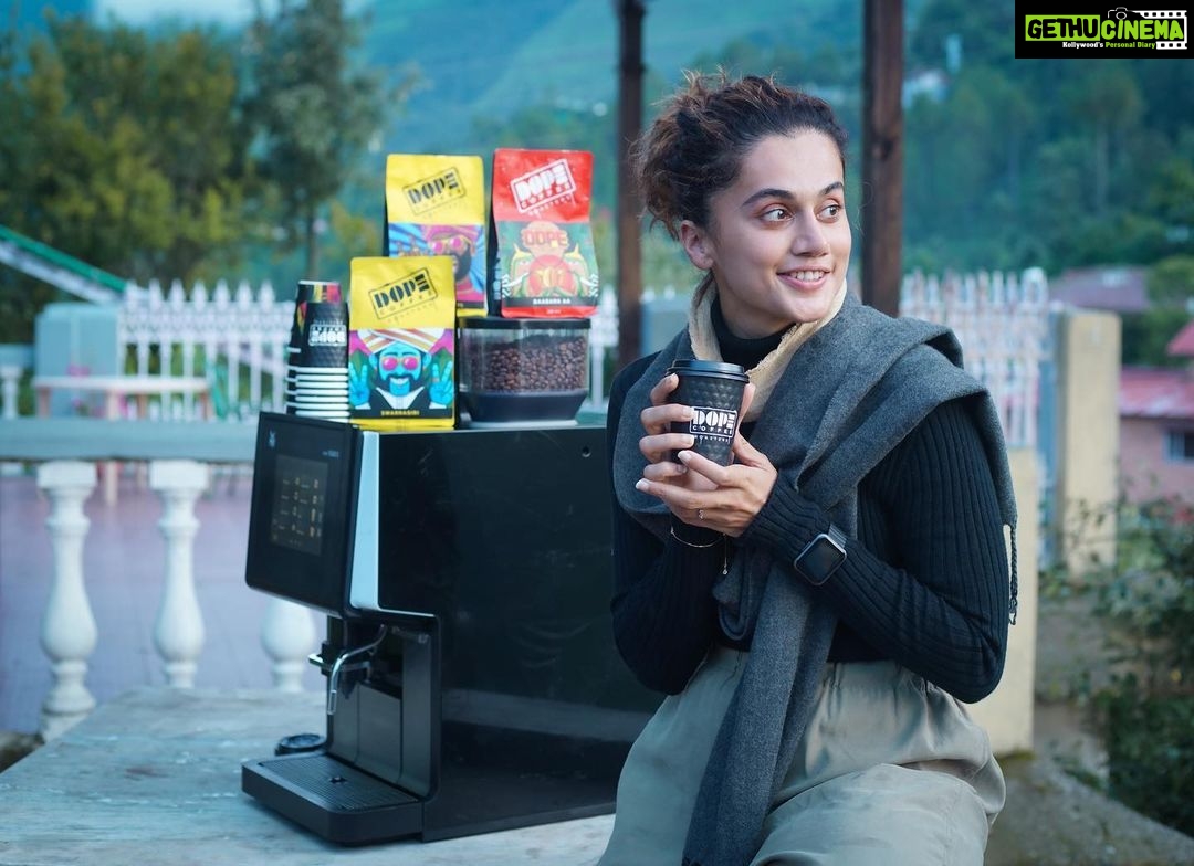 Taapsee Pannu Instagram - The only kind of dope that makes it in my life and brightens my day! My coffee dose for the day on set. With ‘outsiders’ comes this lean mean clean machine on sets as a permanent member of the crew ! @itsdopecoffee #dope #dopecoffee #india #drinkdope #staydope