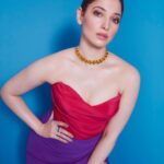 Tamannaah Instagram - There’s no such thing as too much colour. Styled by - @shaleenanathani Hair and makeup by - @florianhurel Outfit- @officialsaishashinde Necklace- @minerali_store Ring- @karishma.joolry Photo by - @kadamajay