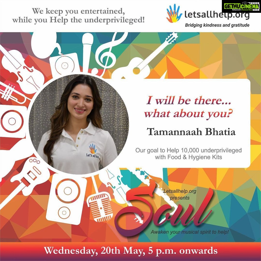 Tamannaah Instagram - Artists from different walks of life are coming together to shape an evening full of love, empathy and excitement..... excitement to help, support and guide the residents at Orphanages, Old Age Homes and Shelters on our platform. I too will be there. So, book your calendar for 20th May, 5pm and join us to make the evening memorable..... #letsallhelpnow #itfeelsgood @letsallhelpnow www.letsallhelp.org #bookmyshow @bookmyshowin #thebharatarmy @thebharatarmy