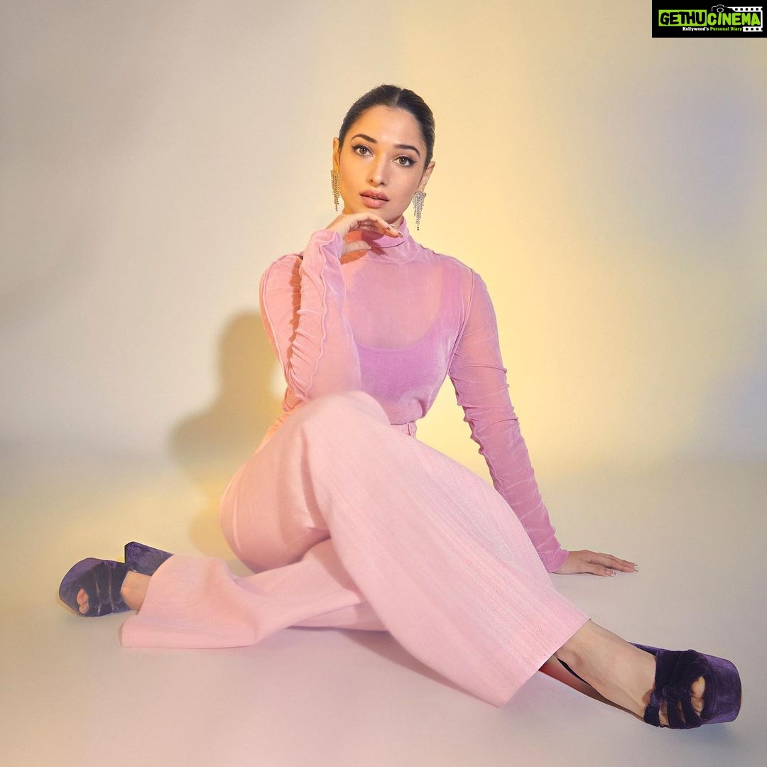 Tamannaah Instagram - Thank God for yoga ๐ค Styled by- @shaleenanathani Top- @helmutlang Pants- @jacquemus Heels- @altuzarra Earrings- @fancypantsofficial Makeup and hair @florianhurel ๐ธ @kadamajay #pink #yoga #pinkpinkpink