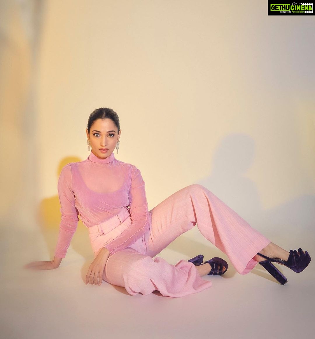 Tamannaah Instagram - Thank God for yoga ๐ค Styled by- @shaleenanathani Top- @helmutlang Pants- @jacquemus Heels- @altuzarra Earrings- @fancypantsofficial Makeup and hair @florianhurel ๐ธ @kadamajay #pink #yoga #pinkpinkpink