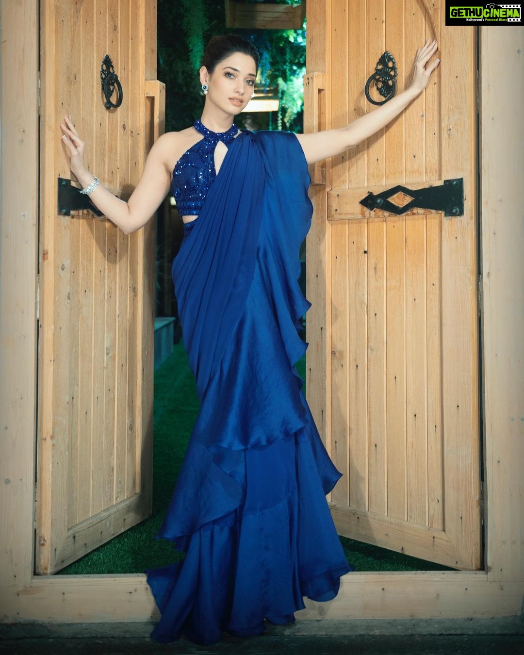 Tamannaah Instagram - Not so saree Outfit - @babitamalkani Jewellery- @mozaati Styled by - @sukritigrover Styling Team- @vanigupta.23 Makeup - @divyachablani15 Hair - @tinamukharjee ๐ธ - @raj_nagada Managed by- @pretty_lohia @prathacanser_03 #SarinotSorry #Ootd #bluevibes