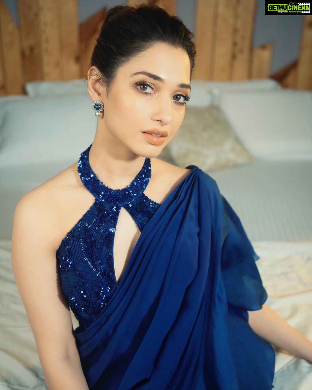 Tamannaah Instagram - Not so saree Outfit - @babitamalkani Jewellery- @mozaati Styled by - @sukritigrover Styling Team- @vanigupta.23 Makeup - @divyachablani15 Hair - @tinamukharjee ๐ธ - @raj_nagada Managed by- @pretty_lohia @prathacanser_03 #SarinotSorry #Ootd #bluevibes