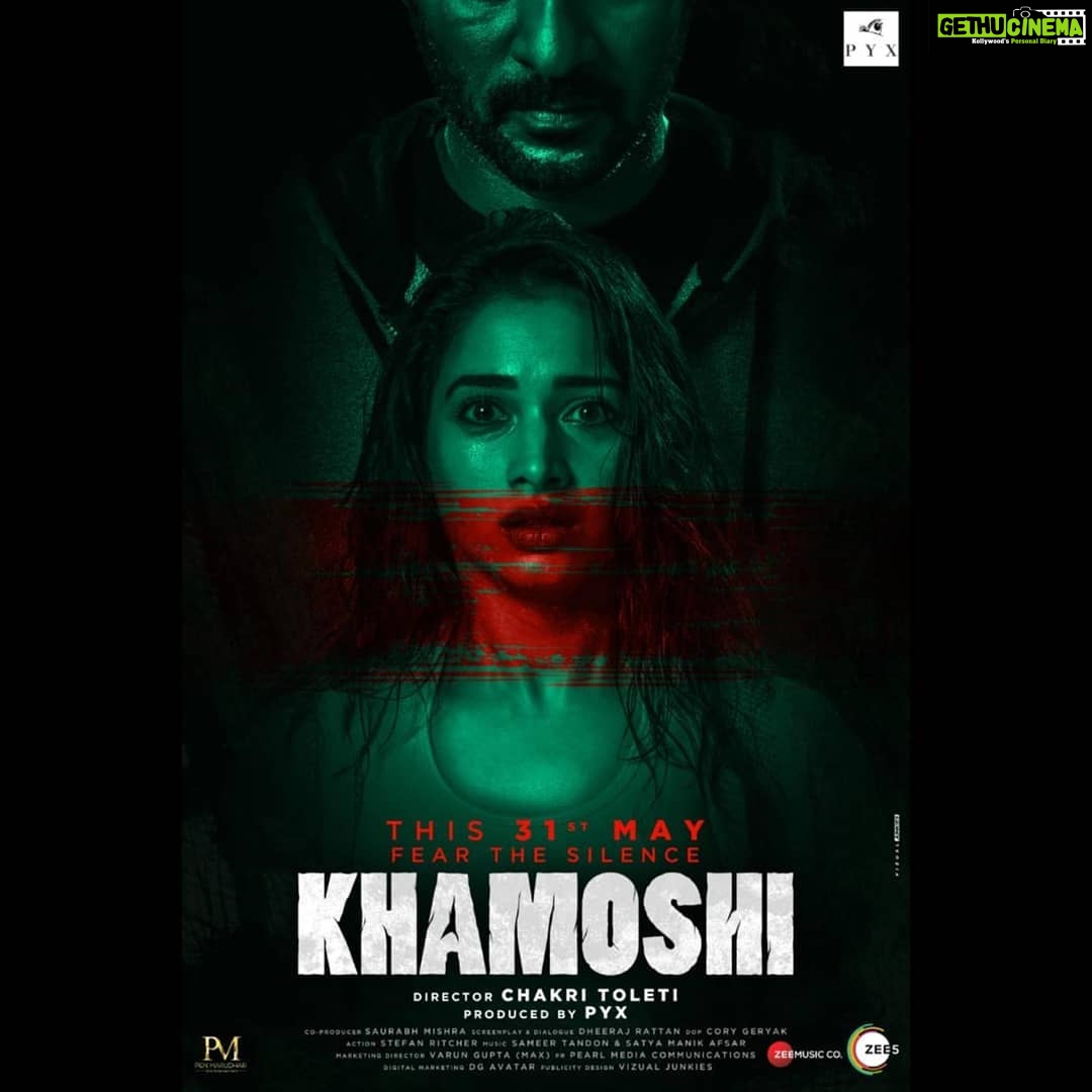 Tamannaah Instagram - It's all in the silence! Presenting the official poster of my next #Khamoshi with co-star #Prabhudheva. Directed by @ctoleti, the film is slated to release on 31st May. @pyx_films @_imsaurabhmishra @ZeeMusicCompany