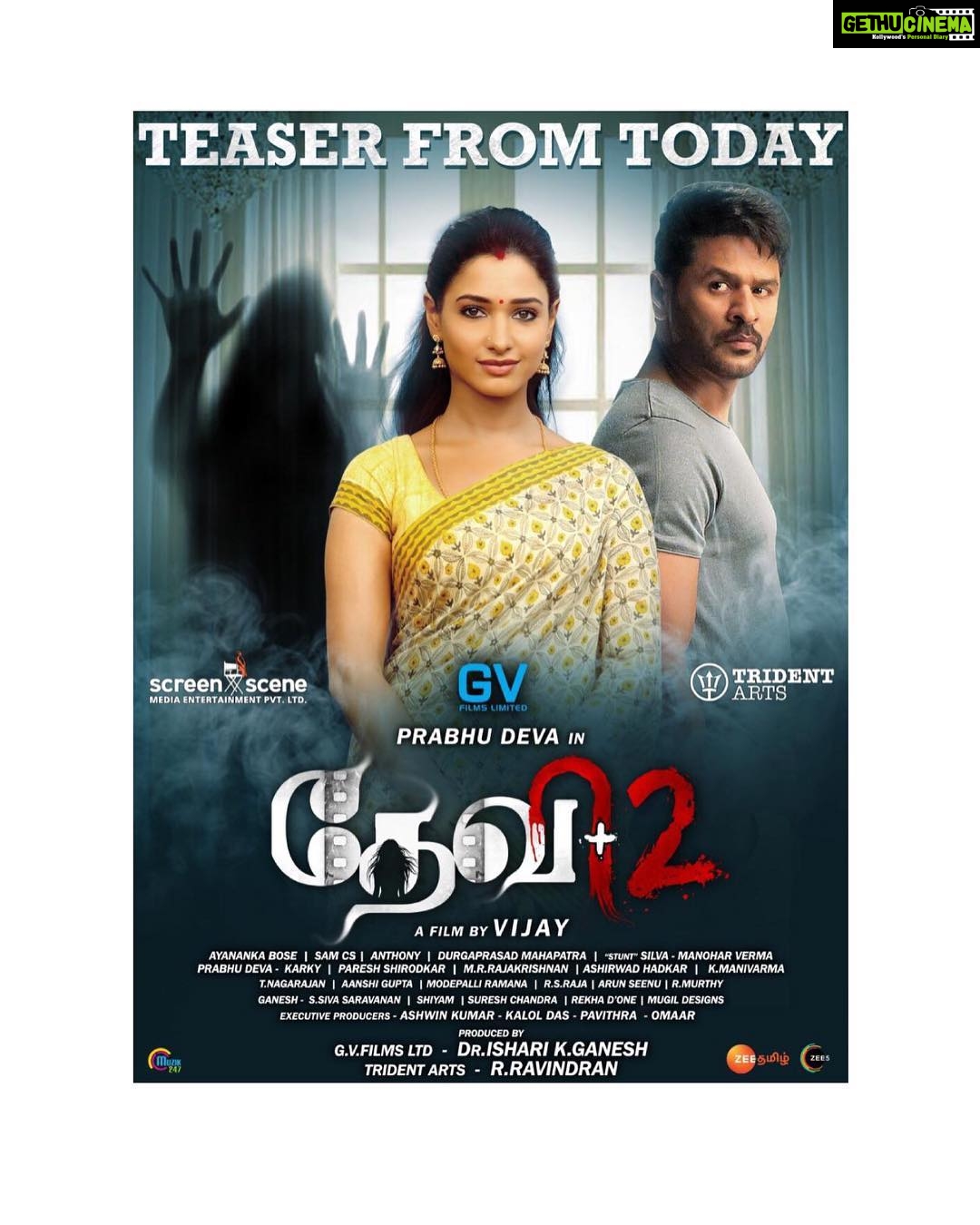 Tamannaah Instagram - Here's the Exclusive Tomorrow paper adv of #Devi2 🎉 #Devi2Teaser will be releasing tomorrow at 5 PM in @muzik247in , Stay Tuned 🤞🏻 Directed by Vijay ! @prabhudheva | @nanditaswethaa |@samcsmusic | #tridentartsoffl | #GvFims | @screensceneoffl | @donechannel1 @shiyamjack