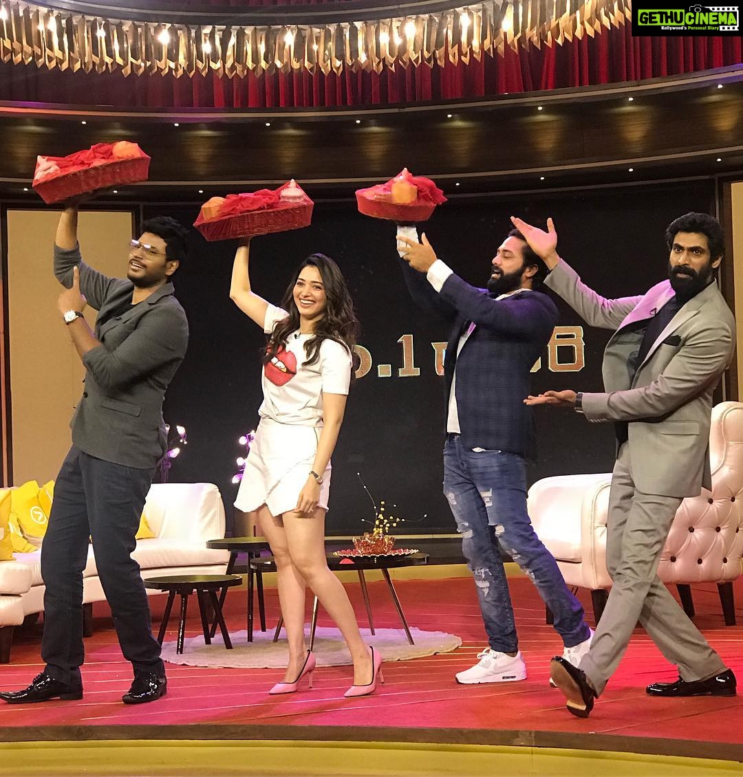 Tamannaah Instagram - Trying to perfect the @baahubalimovie pose with these amazingly talented men @ranadaggubati @sundeepkishan @pnavdeep Any guesses for who actually won the hamper ???? #nooneyaariwithrana #nextenti #teamnextenti Hyderabad