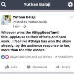 Yuthan Balaji Instagram - #biggbosstamil #oviya #biggboss